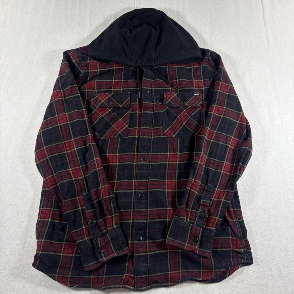 Vans Hooded Flannel Shirt Pockets Mens Medium Red Plaid Snap Skater Outdoor Y2K
